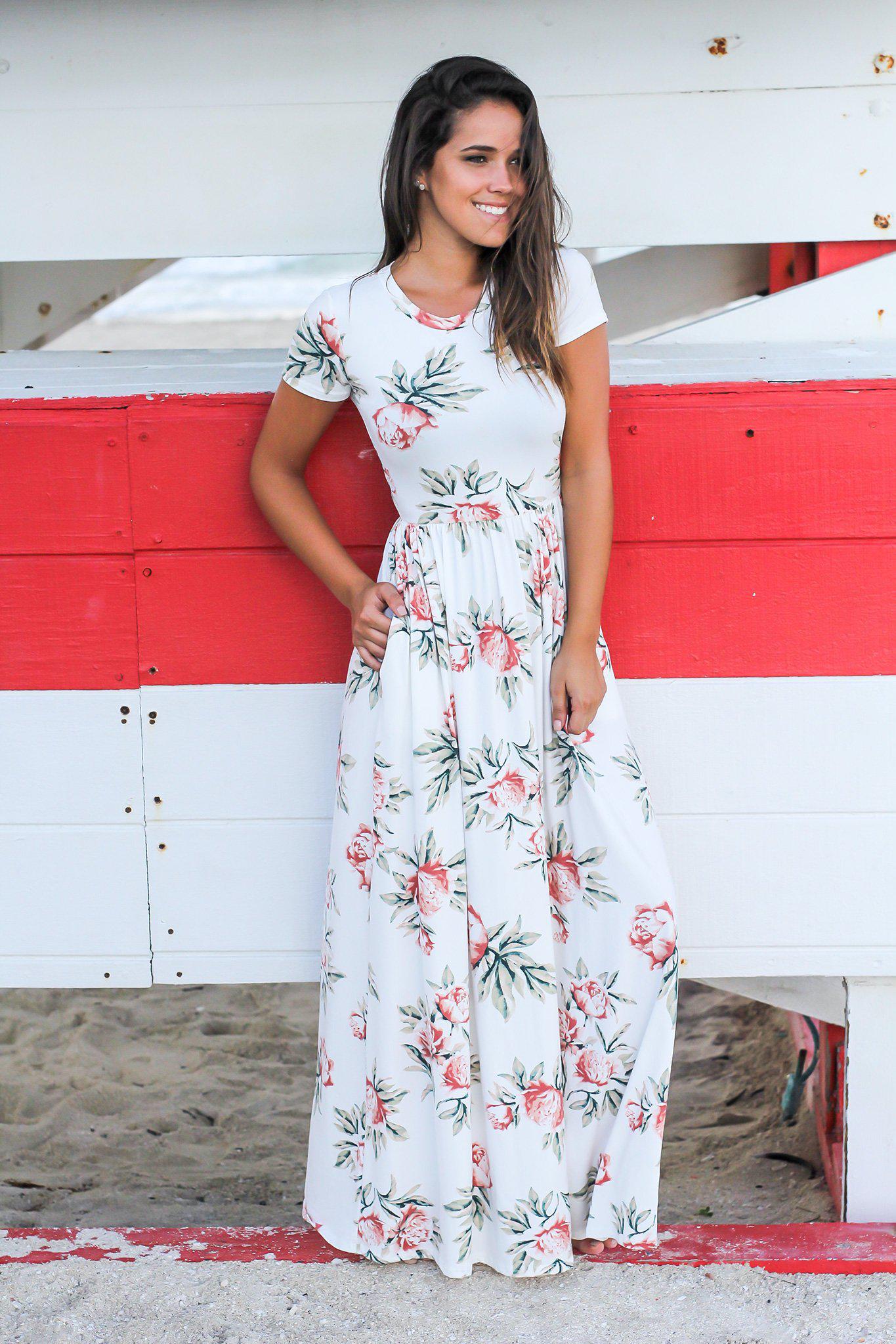 White Floral Maxi Dress with Short ...